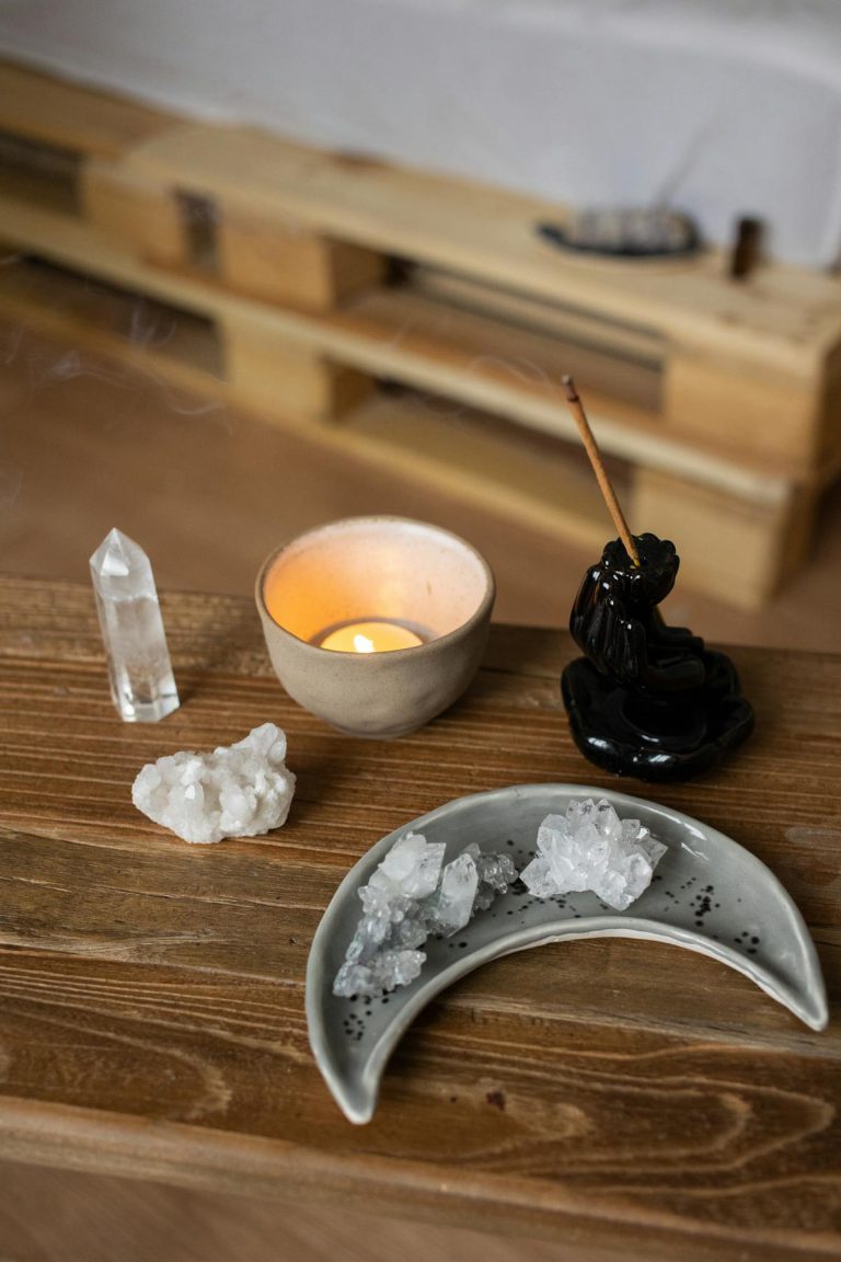 Spiritual Consultant UK - Remote Spiritual Support - Crystals, incense stick and a candle